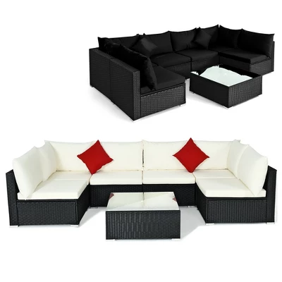 Costway 7PCS Patio Rattan Furniture Set Sectional Sofas Off White & Black Cushion Covers 8 Costway 7PCS Patio Rattan Furniture Set Sectional Sofas Off White & Black Cushion Covers - Image 8