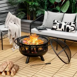 Costway 30'' Patio Round Fire Pit W/ Fire Poker Cooking Grill For Camping BBQ