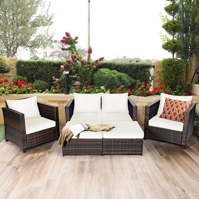 Costway 5PCS Patio Rattan Furniture Set Loveseat Sofa Ottoman Cushioned RedWhite 3 Costway 5PCS Patio Rattan Furniture Set Loveseat Sofa Ottoman Cushioned RedWhite - Image 3