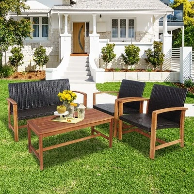 Costway 4PCS Outdoor Patio Rattan Furniture Set Acacia Wood Frame Sofa Loveseat Garden 1 Costway 4PCS Outdoor Patio Rattan Furniture Set Acacia Wood Frame Sofa Loveseat Garden