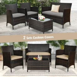 Costway 4PCS Patio Wicker Furniture Set Sofa Chair With Brown & Grey Cushion Covers Garden 14 Costway 4PCS Patio Wicker Furniture Set Sofa Chair With Brown & Grey Cushion Covers Garden -Costway GUEST e601ea41 c57c 4056 ad60 1d4c7aa1f4ce