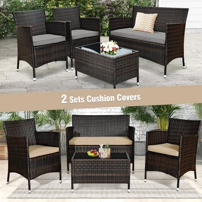 Costway 4PCS Patio Wicker Furniture Set Sofa Chair With Brown & Grey Cushion Covers Garden 3 Costway 4PCS Patio Wicker Furniture Set Sofa Chair With Brown & Grey Cushion Covers Garden - Image 3