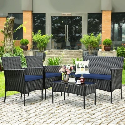 Costway 4PCS Patio Wicker Furniture Set Coffee Table Cushions W/ Cover 10 Costway 4PCS Patio Wicker Furniture Set Coffee Table Cushions W/ Cover - Image 10