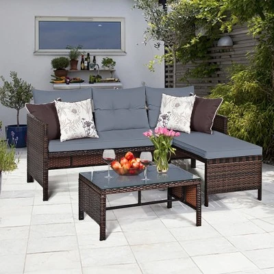 Costway 3PCS Patio Wicker Rattan Sofa Set Outdoor Sectional Conversation Set 9 Costway 3PCS Patio Wicker Rattan Sofa Set Outdoor Sectional Conversation Set - Image 9