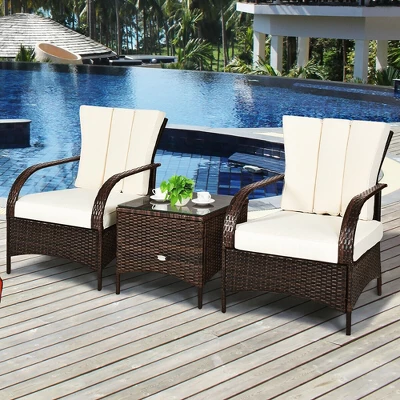 Costway 3 PCS Patio Rattan Furniture Set Coffee Table & 2 Rattan Chair W/White Cushions 3 Costway 3 PCS Patio Rattan Furniture Set Coffee Table & 2 Rattan Chair W/White Cushions - Image 3