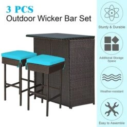 Costway 3PCS Patio Rattan Wicker Bar Table Stools Dining Set Cushioned Chairs Turquoise -Costway GUEST e682987e 6f55 45f7 b002 b1182e82fa06