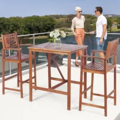 Costway 3PCS Bar Set Acacia Wood Bar Height Patio Bistro Dining Set Outdoor