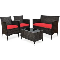 Costway 4PCS Patio Furniture Set Rattan Conversation Set W/ Tempered Glass Coffee Table Cushion Red -Costway GUEST e6a33a39 32a7 402d 90f7 40658fca858f