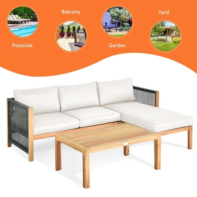 Costway 3PCS Patio Acacia Wood Sofa Furniture Set Thick Cushion W/Nylon Rope Armrest 6 Costway 3PCS Patio Acacia Wood Sofa Furniture Set Thick Cushion W/Nylon Rope Armrest - Image 6
