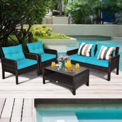 Costway 4PCS Patio Rattan Furniture Set Loveseat Sofa Coffee Table W/Turquoise Cushion -Costway GUEST e7111361 0af8 40f3 b792 e59154f3161f