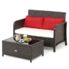 Costway 2PCS Patio Rattan Wicker Love-seat Coffee Table Set Cushioned Bench Garden Deck