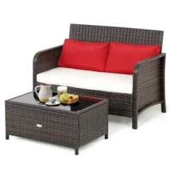 Costway 2PCS Patio Rattan Wicker Love-seat Coffee Table Set Cushioned Bench Garden Deck