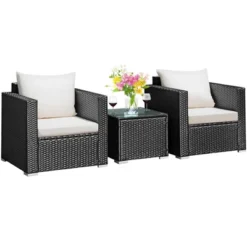 Costway 3PCS Patio Wicker Furniture Set Conversation Rattan Sofa Set W/Cushion Garden