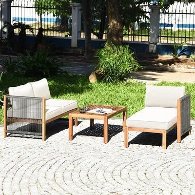 Costway 3PCS Patio Acacia Wood Sofa Furniture Set Thick Cushion W/Nylon Rope Armrest 1 Costway 3PCS Patio Acacia Wood Sofa Furniture Set Thick Cushion W/Nylon Rope Armrest