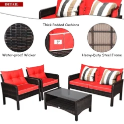 Costway 4PCS Patio Rattan Furniture Set Loveseat Sofa Coffee Table Garden W/Red Cushion -Costway GUEST e83ecd24 2de6 4956 9f49 7a9de95e5381