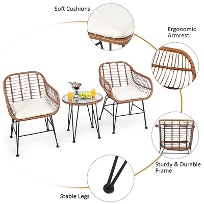 Costway 3PCS Patio Rattan Bistro Set Coffee Table Armchair Garden 8 Costway 3PCS Patio Rattan Bistro Set Coffee Table Armchair Garden - Image 8