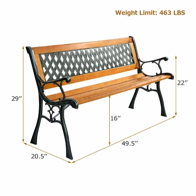 49 1/2'' Patio Park Garden Bench Porch Path Chair Outdoor Deck Cast Iron Hardwood 2 49 1/2'' Patio Park Garden Bench Porch Path Chair Outdoor Deck Cast Iron Hardwood - Image 2