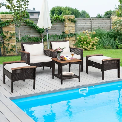 Costway 5PCS Patio Rattan Furniture Set Acacia Wood Table Armrest Cushion Yard 1 Costway 5PCS Patio Rattan Furniture Set Acacia Wood Table Armrest Cushion Yard