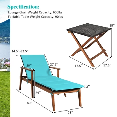 Costway 3PCS Patio Rattan Lounge Chair Folding Table Set Chaise Wood Cushioned WhiteTurquoise 2 Costway 3PCS Patio Rattan Lounge Chair Folding Table Set Chaise Wood Cushioned WhiteTurquoise - Image 2