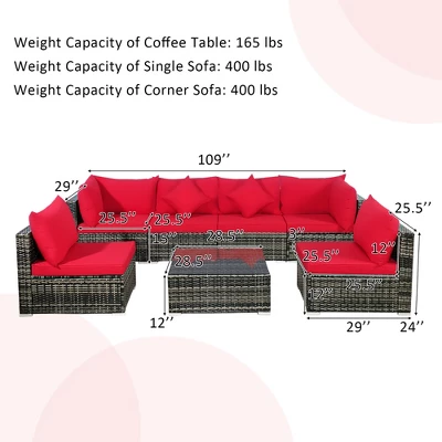 Costway 7PCS Patio Rattan Furniture Set Sectional Sofa Garden Red Cushion 2 Costway 7PCS Patio Rattan Furniture Set Sectional Sofa Garden Red Cushion - Image 2
