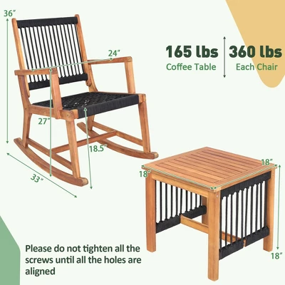 Costway 3pcs Patio Acacia Wood Bistro Table Rocking Chair Set All-Weather Rope Outdoor 2 Costway 3pcs Patio Acacia Wood Bistro Table Rocking Chair Set All-Weather Rope Outdoor - Image 2
