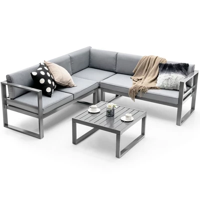 Costway 4PCS Patio Furniture Set Aluminum Frame Loveseat Coffee Table Cushions Deck Grey 9 Costway 4PCS Patio Furniture Set Aluminum Frame Loveseat Coffee Table Cushions Deck Grey - Image 9