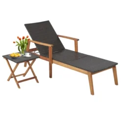 Costway 3PCS Patio Rattan Lounge Chair Chaise Set Wooden Frame Folding Table -Costway GUEST e9ebac94 9fe7 44ad a26f 286349274364