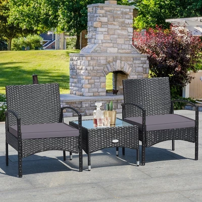 Costway 3 PCS Patio Wicker Rattan Furniture Set Coffee Table & 2 Rattan Chair W/Cushion 1 Costway 3 PCS Patio Wicker Rattan Furniture Set Coffee Table & 2 Rattan Chair W/Cushion