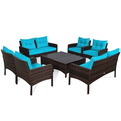 Costway 8PCS Patio Rattan Sectional Furniture Set Loveseat Sofa Coffee Table W/Turquoise Cushion 5 Costway 8PCS Patio Rattan Sectional Furniture Set Loveseat Sofa Coffee Table W/Turquoise Cushion - Image 5