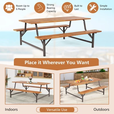 Costway Acacia Wood Patio Picnic Table Bench Set With 71'' Tabletop & 2'' Umbrella Hole 4 Costway Acacia Wood Patio Picnic Table Bench Set With 71'' Tabletop & 2'' Umbrella Hole - Image 4
