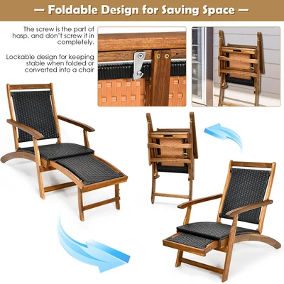 Costway 2PCS Patio Folding Rattan Lounge Chair Wood Frame Retractable Footrest 5 Costway 2PCS Patio Folding Rattan Lounge Chair Wood Frame Retractable Footrest - Image 5