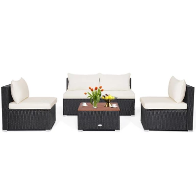 Costway 5PCS Patio Rattan Furniture Set Acacia Wood Table Top Sofa Cushion Deck 3 Costway 5PCS Patio Rattan Furniture Set Acacia Wood Table Top Sofa Cushion Deck - Image 3