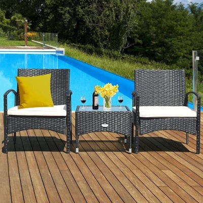 Costway 3 PCS Furniture Set Table & 2 Chair Patio Wicker Rattan W/Cushion 8 Costway 3 PCS Furniture Set Table & 2 Chair Patio Wicker Rattan W/Cushion - Image 8