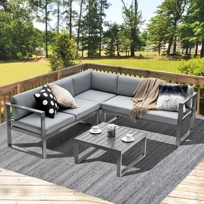 Costway 4PCS Patio Furniture Set Aluminum Frame Loveseat Coffee Table Cushions Deck Grey 2 Costway 4PCS Patio Furniture Set Aluminum Frame Loveseat Coffee Table Cushions Deck Grey - Image 2