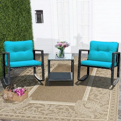 Costway 3PCS Patio Rattan Furniture Set Rocking Chairs Cushioned Sofa 9 Costway 3PCS Patio Rattan Furniture Set Rocking Chairs Cushioned Sofa - Image 9