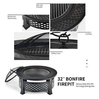 Costway 32'' Round Fire Pit Set W/ Rain Cover BBQ Grill Log Grate Poker 3 Costway 32'' Round Fire Pit Set W/ Rain Cover BBQ Grill Log Grate Poker - Image 3