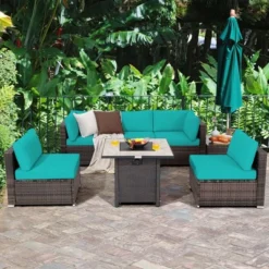 Costway 7PCS Patio Rattan Furniture Set 30'' Fire Pit Table Cover Cushion Sofa Off WhiteBlackNavyRedTurquoise -Costway GUEST ece3e472 e241 4228 80c1 0cc270e2cd8f