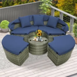 Costway Patio Rattan Daybed Outdoor Sectional Seating With Side Table & Retractable Canopy