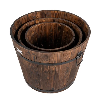 Costway 3 Pcs Wooden Planter Barrel Set Decorative Flower Bed Multiple Size 9 Costway 3 Pcs Wooden Planter Barrel Set Decorative Flower Bed Multiple Size - Image 9