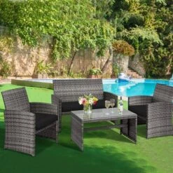 Costway 4PCS Patio Rattan Furniture Set Conversation Glass Table Top Cushioned TurquoiseRed -Costway GUEST edd15866 dcb5 4846 bb8f 8174a5e639eb