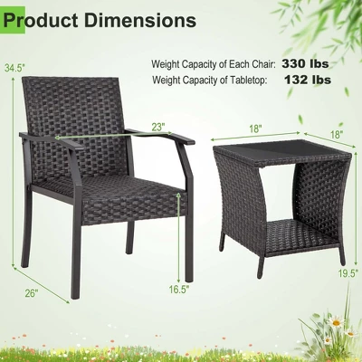 Costway 3 PCS Patio Conversation Set Wicker Chair Tempered Glass Table Cushioned Seat 2 Costway 3 PCS Patio Conversation Set Wicker Chair Tempered Glass Table Cushioned Seat - Image 2