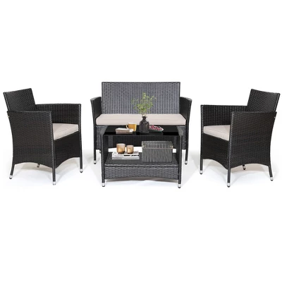Costway 4PCS Patio Rattan Furniture Set Armrest Cushion Sofa Coffee Table WithShelf Garden 1 Costway 4PCS Patio Rattan Furniture Set Armrest Cushion Sofa Coffee Table WithShelf Garden