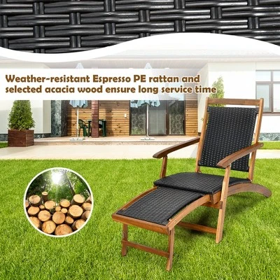 Costway 2PCS Patio Folding Rattan Lounge Chair Wood Frame Retractable Footrest 6 Costway 2PCS Patio Folding Rattan Lounge Chair Wood Frame Retractable Footrest - Image 6