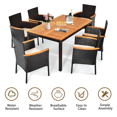 Costway 7PCS Patio Rattan Dining Set Armrest Cushioned Chair Wooden Tabletop 4 Costway 7PCS Patio Rattan Dining Set Armrest Cushioned Chair Wooden Tabletop - Image 4