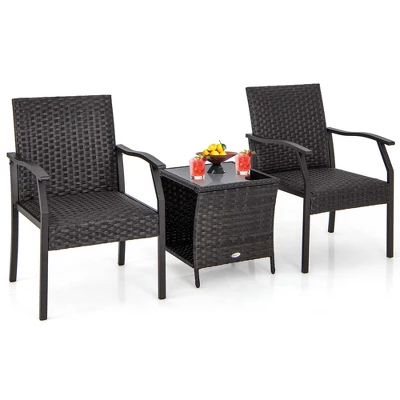Costway 3 PCS Patio Conversation Set Wicker Chair Tempered Glass Table Cushioned Seat 9 Costway 3 PCS Patio Conversation Set Wicker Chair Tempered Glass Table Cushioned Seat - Image 9