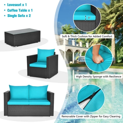 Costway 4PCS Patio Rattan Cushioned Sofa Chair Coffee Table Turquoise 6 Costway 4PCS Patio Rattan Cushioned Sofa Chair Coffee Table Turquoise - Image 6