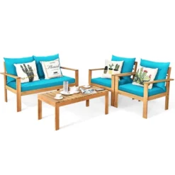Costway 4PCS Patio Furniture Set Acacia Wood Thick Cushion Loveseat Sofa Off WhiteTurquoiseGrey -Costway GUEST f025a17c 5b6a 4499 ae3f 6a15fdb7069c