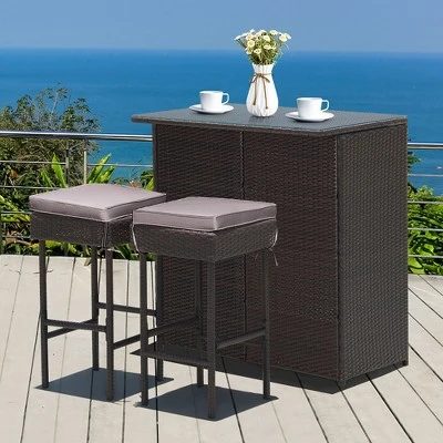 Costway Patio 3PCS Rattan Bar Table Stool Set Cushioned Chairs With Cover 7 Costway Patio 3PCS Rattan Bar Table Stool Set Cushioned Chairs With Cover - Image 7