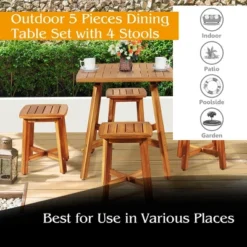 Costway 5PCS Acacia Patio Dining Set W/Square Table & 4 Stools Reddish Brown -Costway GUEST f045c41b 0599 4443 a299 f9fd0dc38ece