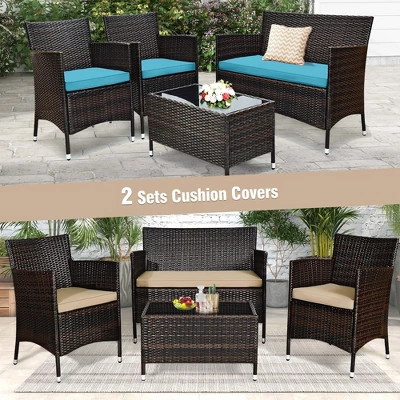 Costway 8PCS Patio Wicker Furniture Set Sofa Chair With Brown & Red Cushion Covers Garden 2 Costway 8PCS Patio Wicker Furniture Set Sofa Chair With Brown & Red Cushion Covers Garden - Image 2